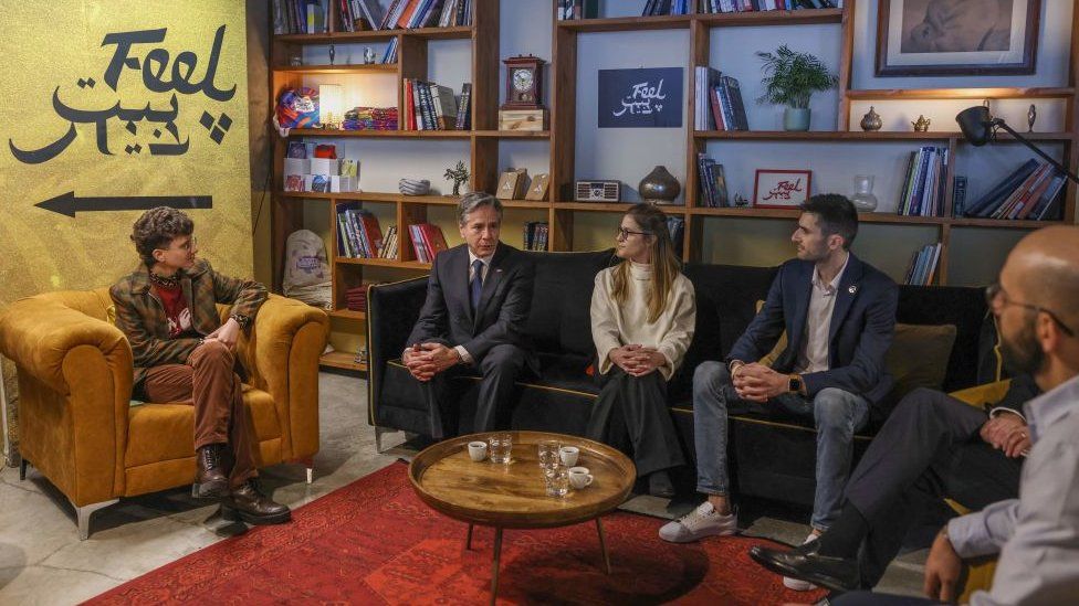 Antony Blinken meeting people at an Israeli-Palestinian art and culture collective in Jerusalem