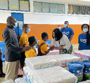 Barbara Incoom making a presentation to pupils of Dzorwulu Special School