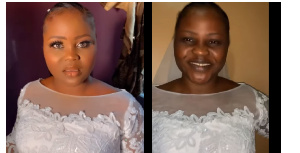 Bride with her make-up before and after