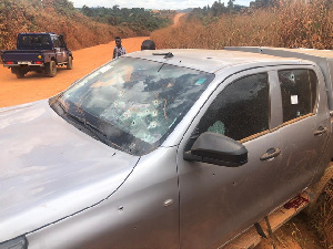 A bullion van attacked by armed robbers with its windscreen riddled with gun shots