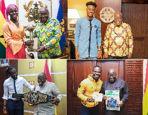 Collage of Akufo-Addo meeting sports personalities at the Jubilee House