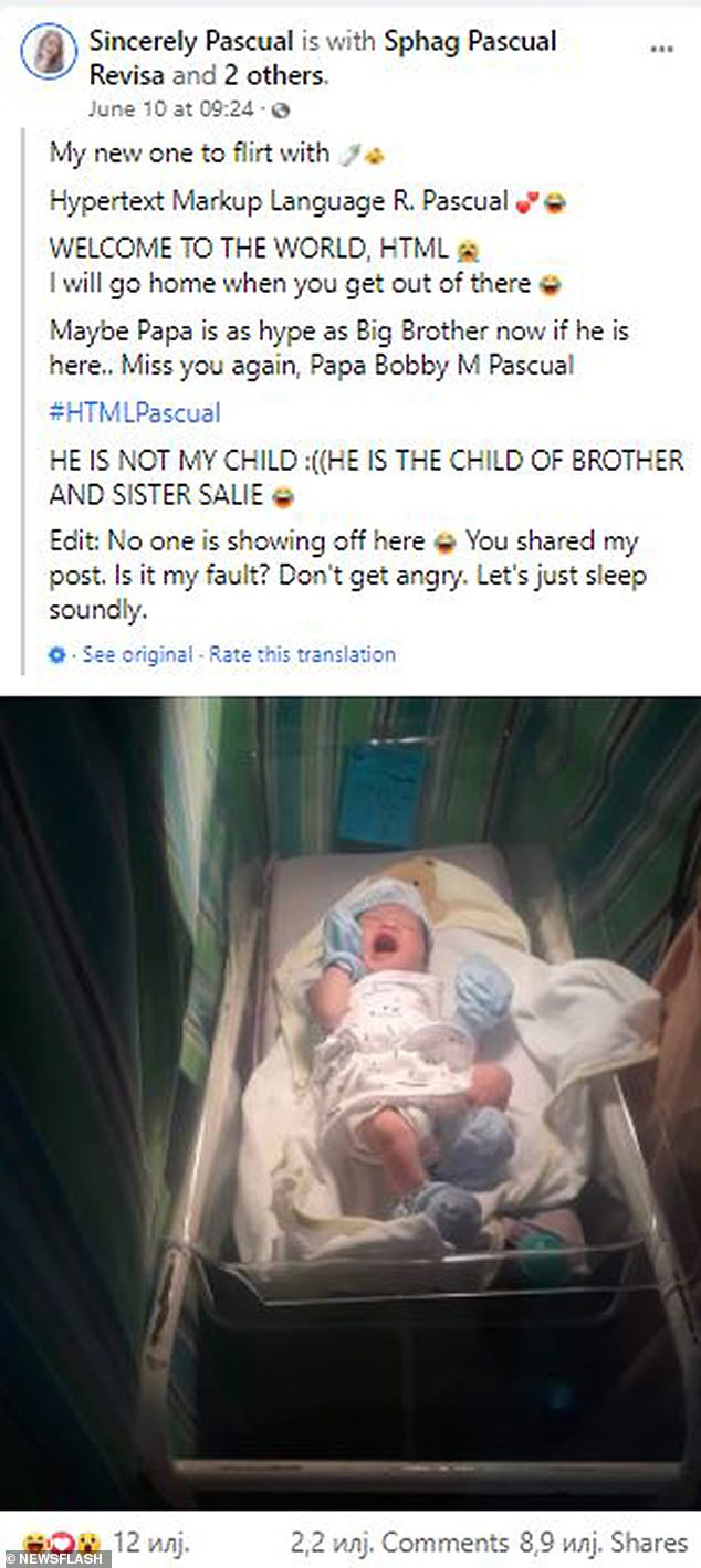 A Facebook post announcing the birth of a newborn in the Philippines has gone viral due to the child's unique name. Hypertext Mark-up Language Rayo Pascual - or HTML for short - was introduced to the world via a Facebook post from his aunt last Thursday
