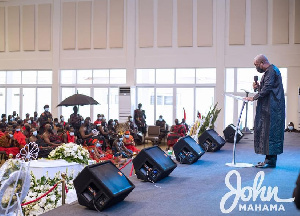 Former President John Dramani Mahama addressing the crowd at the late Baffoe Bonnie's burial service