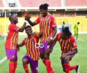 Hearts of Oak players celebrate after scoring in the GPL