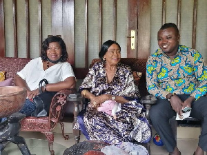 Madam Ama Busia flanked by Ms Mary Posch-Oduro and Chris Arthur