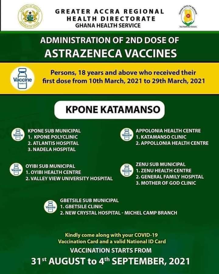 Check out where to get 2nd dose of AstraZeneca vaccine from Aug 31 to Sept. 4