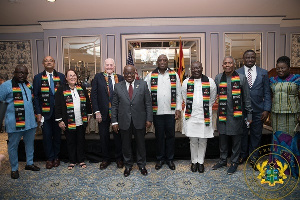 Ken Ofori-Atta (fourth from right) with President Akufo-Addo and other officials in the US