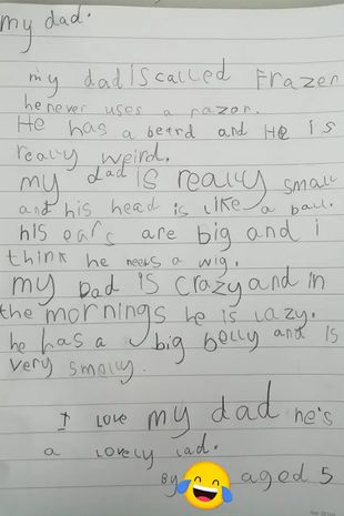 The poem written by a five-year-old girl about her dad. The handwriting is obviously done by a child, and there is a laughing emoji at the bottom.