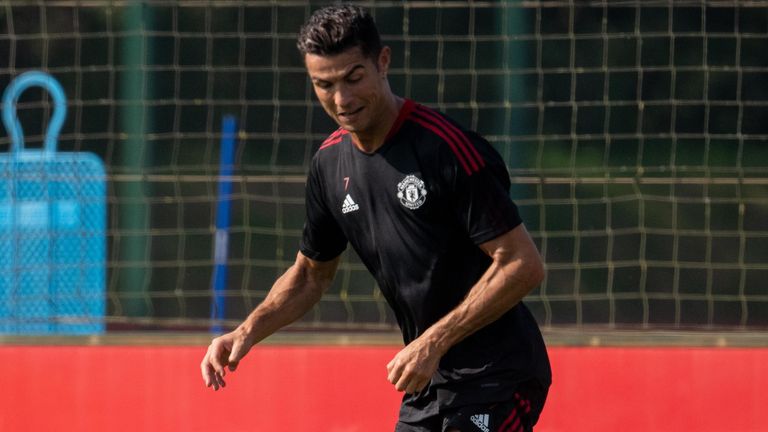 Cristiano Ronaldo during his first training session with Manchester United after returning to the club