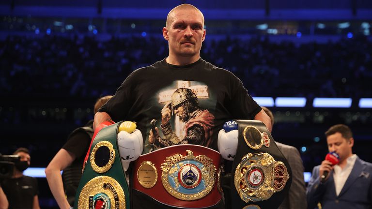 Anthony Joshua vs Oleksander Usyk, IBF, WBA, WBO and IBO Heavyweight World Title, Tottenham Hotspur Stadium, London..25 September 2021.Picture By Mark Robinson Matchroom Boxing..Winner Oleksander Usyk with his belts. 