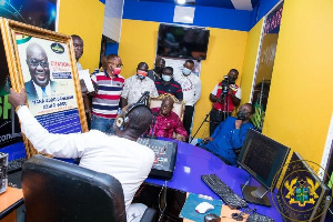 President Akufo-Addo (second right) in the studios of Ashh FM in Kumasi