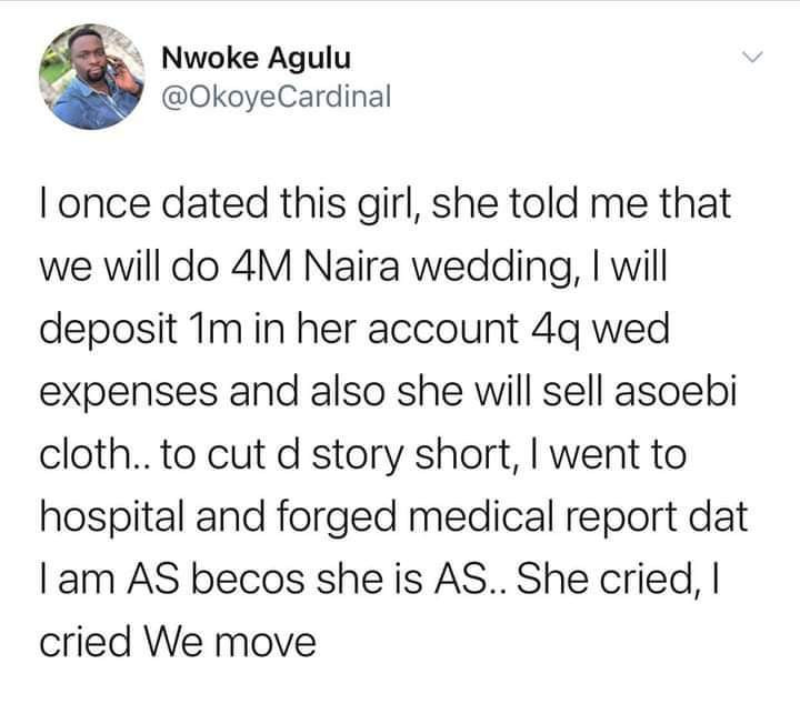 Man reveals what he did to avoid marrying a woman who wanted a 4 million Naira wedding