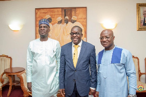 Speaker Alban Bagbin with Minority Leader Haruna Idrissu (left) and the Majority Leader