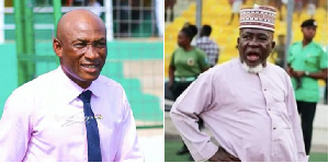 A photo of Asante Kotoko coach, Dr. Prosper Narteh and Owner of  King Faisal , Alhaji Karim Grusah