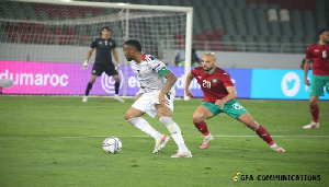 Black Stars striker, Jordan Ayew in action against Morocco