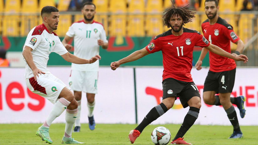 Mohamed Elneny of Egypt challenged by Aymane Barkok of Morocco during the 2021 Africa Cup of Nations Afcon Finals Quarterfinal match between Egypt and Morocco