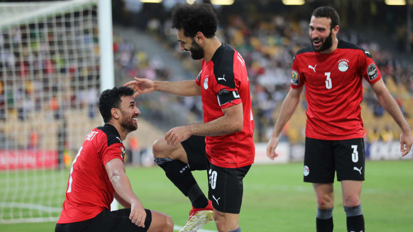 Mahmoud Trezeguet Hassan of Egypt celebrates goal with Mohamed Salah during the 2021 Africa Cup of Nations Afcon Finals quarterfinal football match between Egypt and Morocco