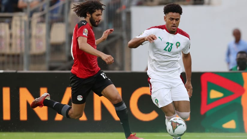 Rayan Mmaee of Morocco challenged by Mohamed Elneny of Egypt during the 2021 Africa Cup of Nations Afcon Finals Quarterfinal match between Egypt and Morocco