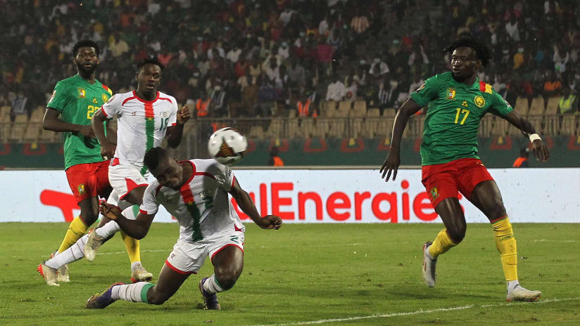 Djibril Ouattara of Burkina Faso headers at goal to score Burkina Faso third goal during the 2021 Africa Cup of Nations Afcon Finals 3rd Place Play Off between Burkina Faso and Cameroon