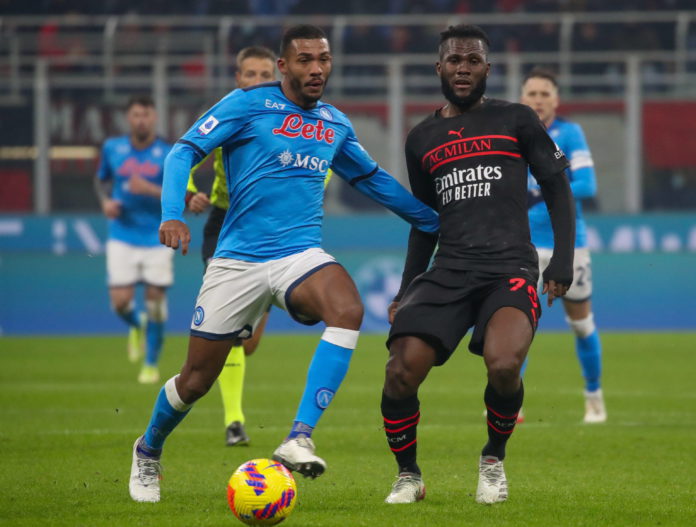 Napoli's defender Juan Jesus (L) in action against AC Milan's midfielder Frank Kessie during the Italian Serie A soccer match AC Milan vs SSC Napoli at Giuseppe Meazza Stadium in Milan, Italy, 19 December 2021. EPA/ROBERTO BREGANI