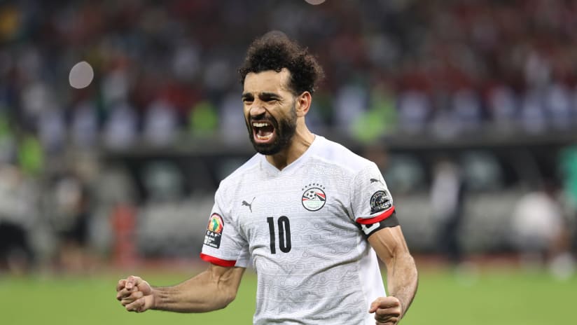 Mohamed Salah of Egypt celebrates victory after scoring winning penalty during the 2021 Africa Cup of Nations Afcon Finals Last 16 match between Ivory Coast and Egypt at Japoma Stadium, Douala, Cameroon on 26 J