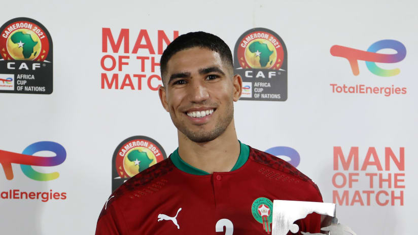 Man of the match Achraf Hakimi of Morocco during the 2021 Africa Cup of Nations Afcon Finals Last 16 match between Morocco and Malawi at Ahmadou Ahidjo Stadium in Yaounde