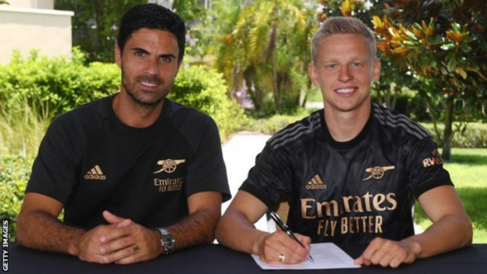 Oleksandr Zinchenko (right) has signed a 'long-term contract' with Mikel Arteta's side/ Photo credit: Getty Images