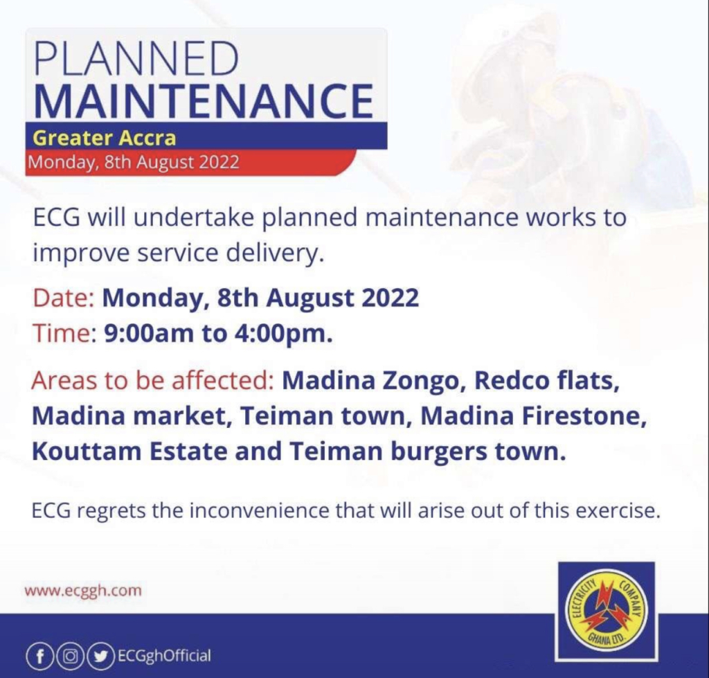 ECG to undertake planned maintenance in parts of Accra on Monday