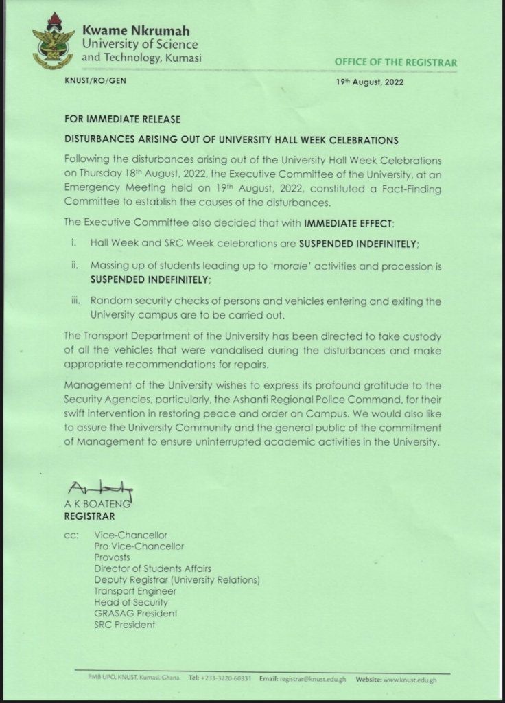 KNUST suspends hall week, SRC celebrations indefinitely following Conti-Katanga clash  