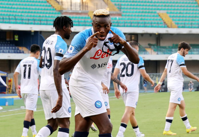 Napoli's Victor Osimhen celebrates scoring the 1-2 lead goal during the Italian Serie A soccer match Hellas Verona vs SSC Napoli in Verona, Italy, 15 August 2022. EPA/FILIPPO VENEZIA