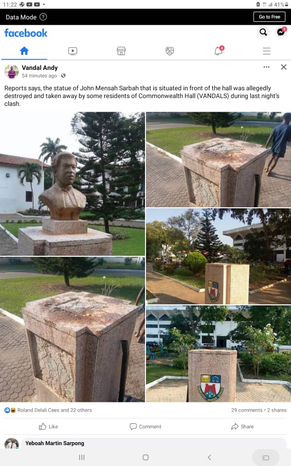 Vandals of UG take away bust of John Mensah Sarbah from the Vikings hall after riot