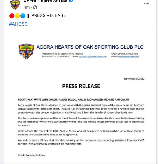 Hearts of Oak sack coach Samuel Boadu