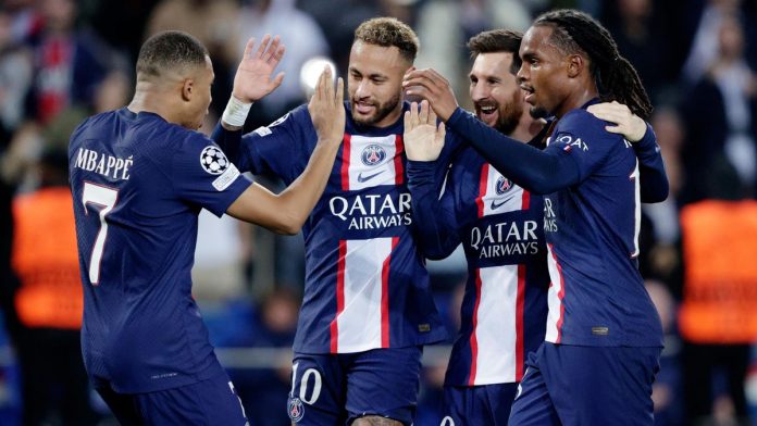 Lionel Messi of Paris Saint-Germain celebrates 4-1 with Neymar Jr, Renato Sanches and Kylian Mbappe Image credit: Getty Images