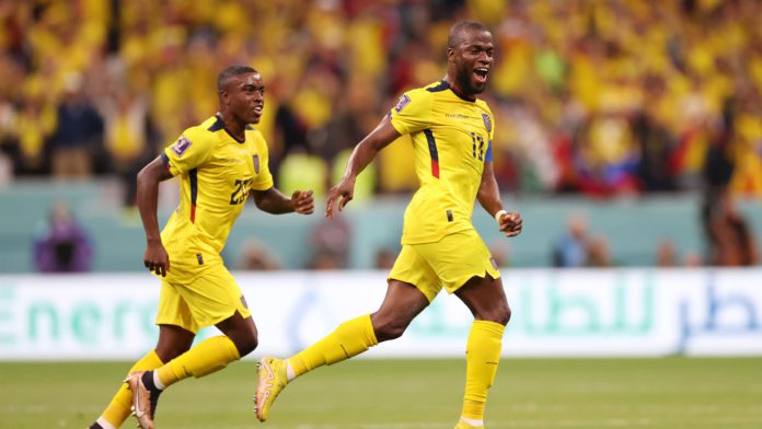 Enner Valencia (R) of Ecuador celebrates after scoring their team's second goal during the FIFA World Cup Qatar 2022 Group A match between Qatar and Ecuador at Al Bayt Stadium on November 20, 2022 in Al Khor, Qatar. (Photo by Michael Steele/Getty Images) Image credit: Getty Images