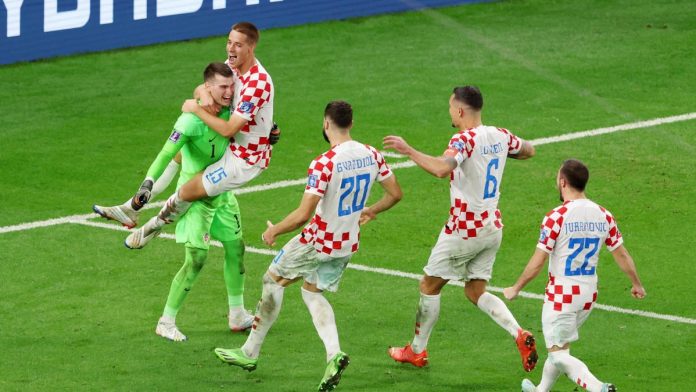 Dominik Livakovic and Mario Pasalic of Croatia celebrate after their side won the penalty shoot out during the FIFA World Cup Qatar 2022 Round of 16 match between Japan and Croatia at Al Janoub Stadium on December 05, 2022 in Al Wakrah, Qatar Image credit: Getty Images