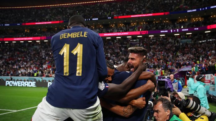 AL KHOR, QATAR - DECEMBER 10: Olivier Giroud of France celebrates with teammates after scoring his team's second goal during the FIFA World Cup Qatar 2022 quarter final match between England and France at Al Bayt Stadium on December 10, 2022 in Al Khor, Q Image credit: Getty Images