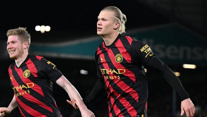 Erling Haaland celebrates scoring for Manchester City Image credit: Getty Images