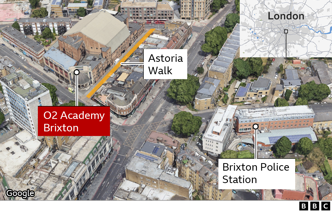 Aerial photo of Brixton with the locations of the O2 Academy, Astoria Walk and Brixton Police Station marked.