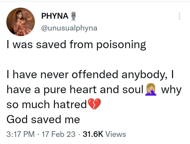 “Why the hate, I have a pure heart and soul” BBNaija’s Phyna cries out after being poisoned