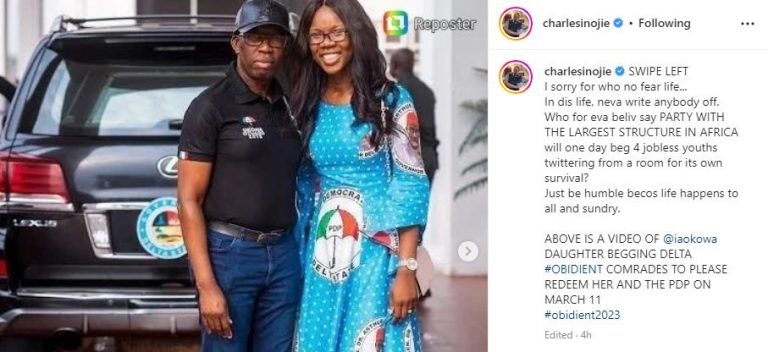“In this life, never write anybody off” The Johnson actor, Charles Inojie shades Okowa’s daughter begging ‘Obidients’ for vote