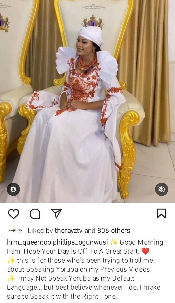 Ooni’s wife, Queen Tobi Phillips addresses trolls over her failure to speak Yoruba (Video)