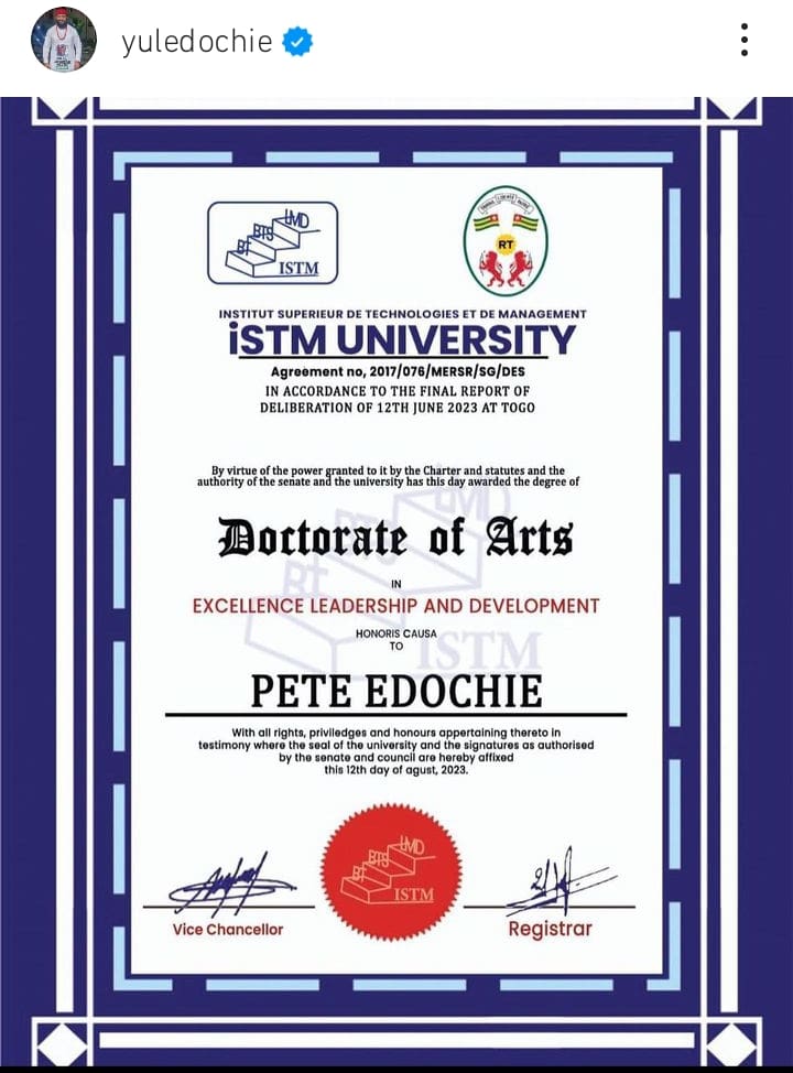 “My man for life” Yul Edochie hails father, Pete Edochie as he bags two Doctorate degrees in one day