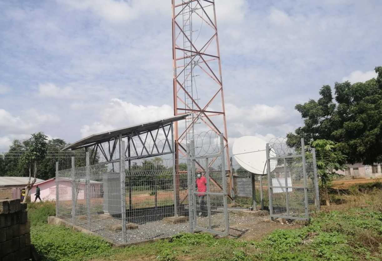 A typical K-NET solar-powered MRIID Tower in a rural unserved and underserved community in Ghana