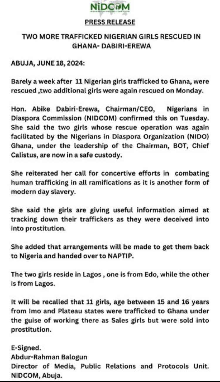 NiDCOM Rescues Two More Trafficked Nigerian Girls In Ghana - Ghanamma.com