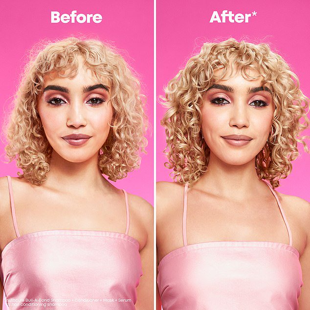 Pictured is a before and after photo of a model who used the mask in combination with Build-A-Bond Shampoo and Conditioner