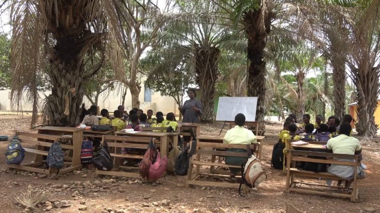 Dormaa Akwamu Methodist Basic School pupils learn under trees